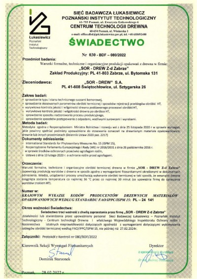 Certyfikat instytutu technologi drewna 1