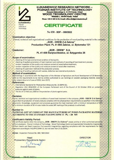 Certyfikat instytutu technologii drewna 2